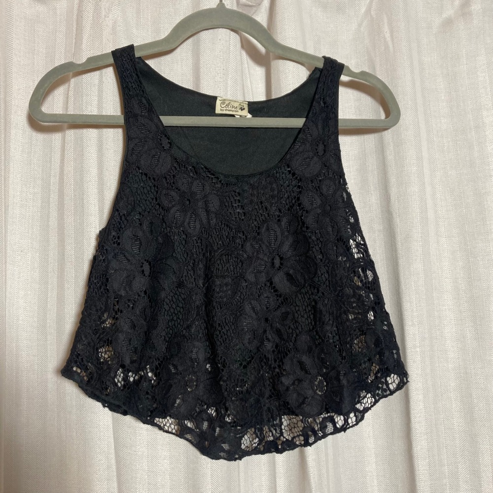 Boho Grunge Indie Sleaze Black Floral Lace Crop Tank Celine by Champion Womens S